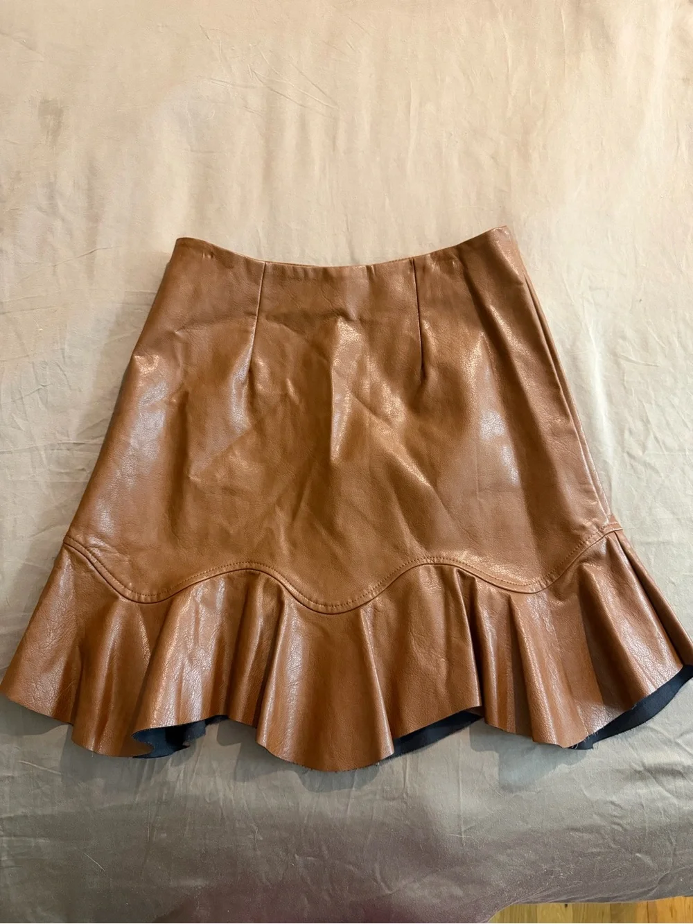 Women’s Brown Faux Leather Ruffle Hem Skirt